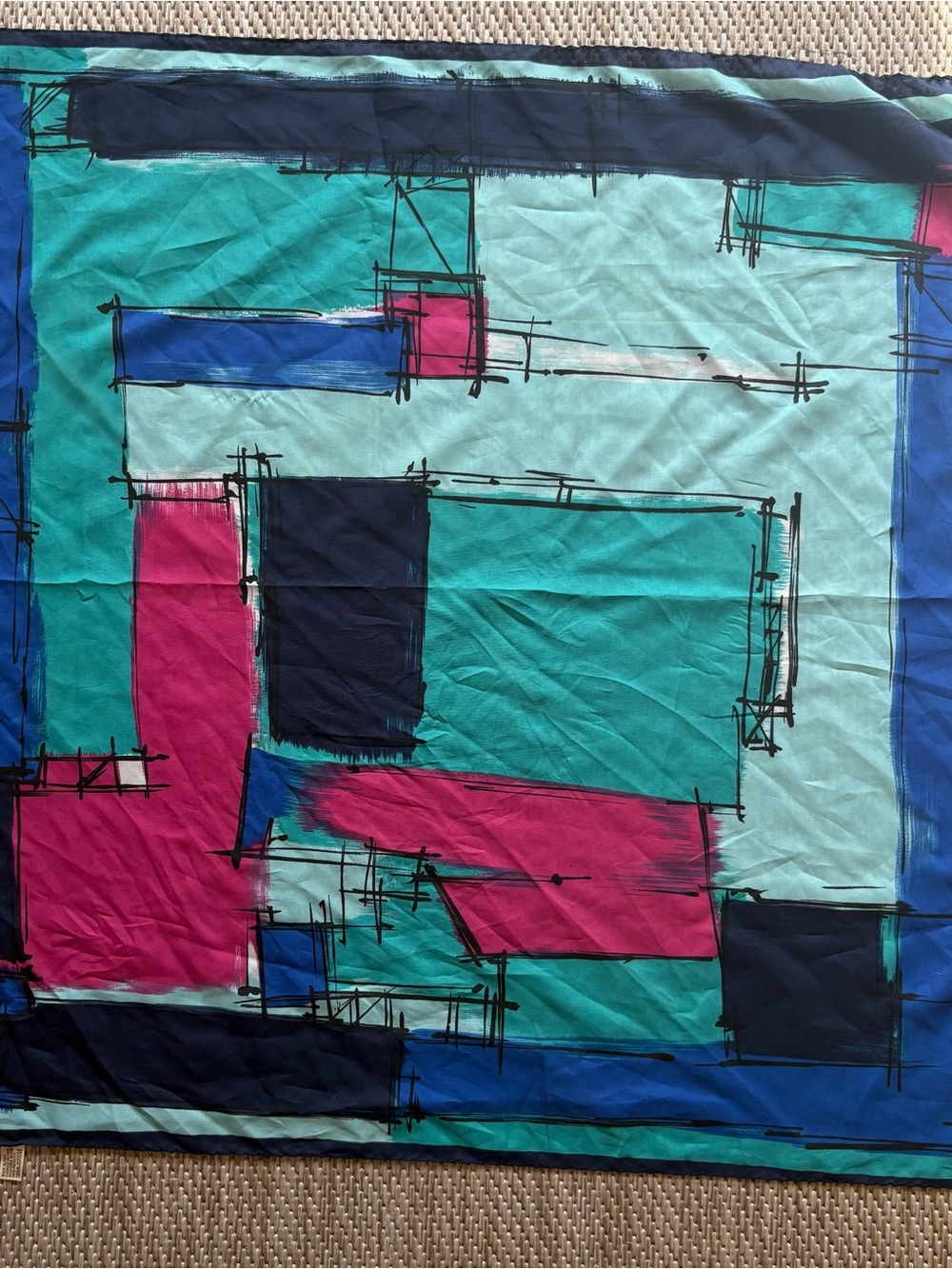 Leonardi Italy Abstract Geometric Scarf in Teal, Magenta & Navy